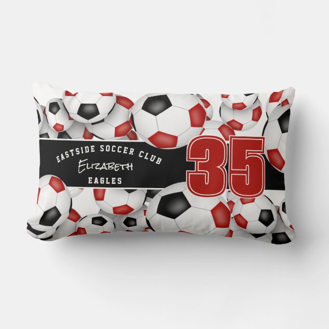 Red black lots of soccer balls team name  lumbar cushion (Front)