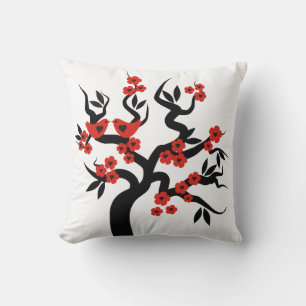 Red black Love birds sakura cherry tree & blossoms Cushion