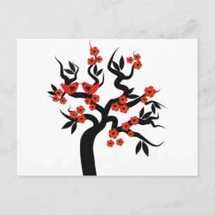 Red black Love birds sakura cherry tree & Blossoms Postcard