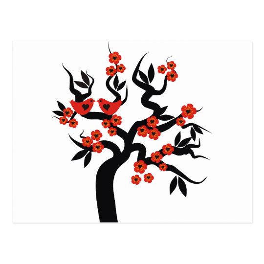 Red black Love birds sakura cherry tree & Blossoms Postcard