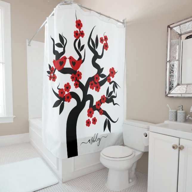 Red black Love birds sakura cherry tree & blossoms Shower Curtain (In Situ)
