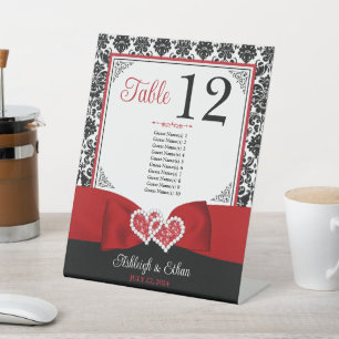 Red, Black Love Hearts Wedding Table Number Pedestal Sign