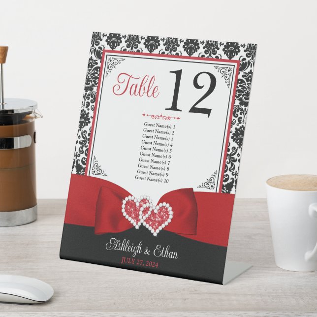 Red, Black Love Hearts Wedding Table Number Pedestal Sign (In SItu)