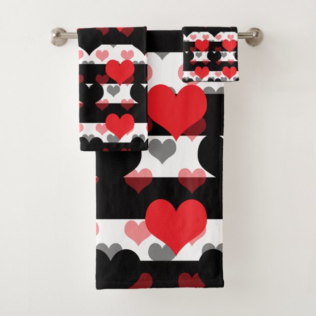 Red Black Love Hearts With Black White Stripes  Bath Towel Set (Insitu)