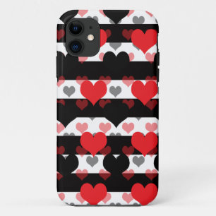 Red Black Love Hearts With Black White Stripes iPhone 11 Case