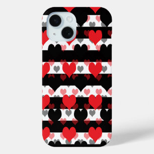 Red Black Love Hearts With Black White Stripes iPhone 15 Case