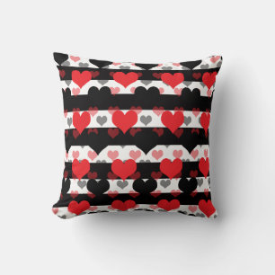 Red Black Love Hearts With Black White Stripes  Cushion