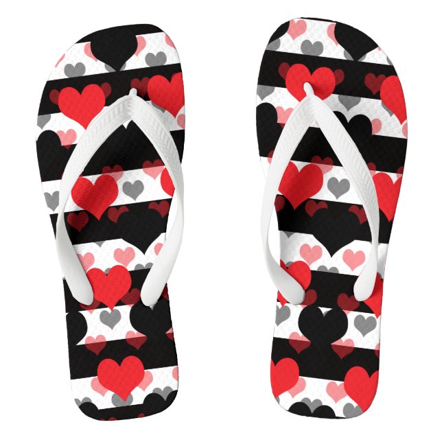 Red Black Love Hearts With Black White Stripes  Flip Flops (Footbed)