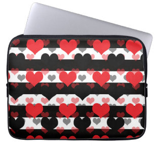 Red Black Love Hearts With Black White Stripes  Laptop Sleeve