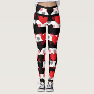 Red Black Love Hearts With Black White Stripes  Leggings