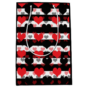 Red Black Love Hearts With Black White Stripes  Medium Gift Bag