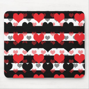 Red Black Love Hearts With Black White Stripes Mouse Mat
