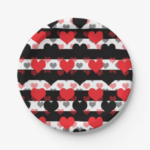 Red Black Love Hearts With Black White Stripes Paper Plate
