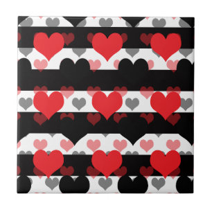 Red Black Love Hearts With Black White Stripes Tile