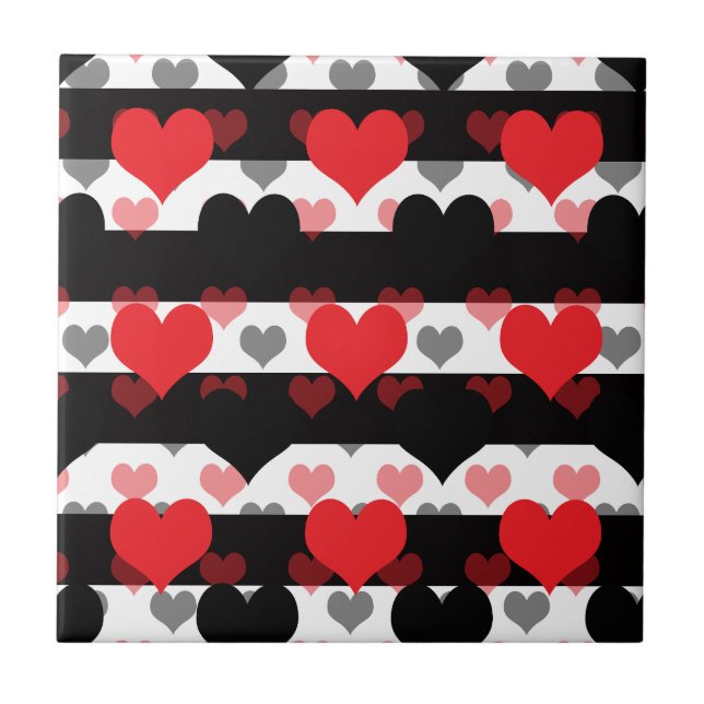 Red Black Love Hearts With Black White Stripes  Tile (Front)