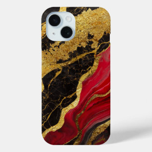 Red Black Marble Pattern with Gold iPhone 15 Case