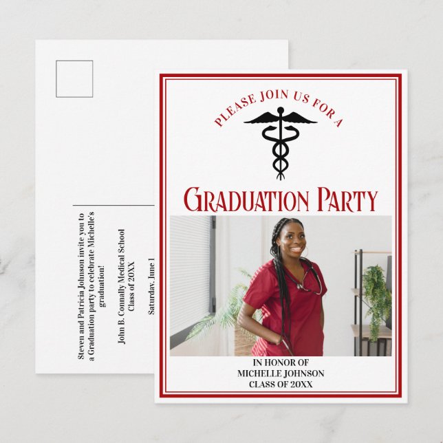 Red Black Medical School Graduation Photo Party Invitation Postcard (Front/Back)