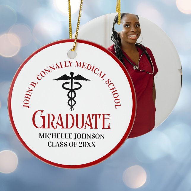 Red Black Medical School Photo Custom Graduation Ceramic Tree Decoration (Creator Uploaded)