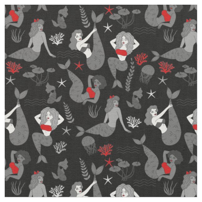 red black mermaids pattern print fabric (Close Up)