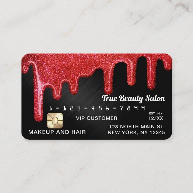 Red Black Metallic Thick Glitter Drips Credit Business Card (Front)