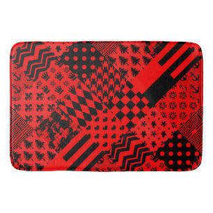 Red Black Mixed Patterns Patchwork Design Bath Mat