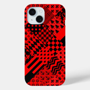 Red Black Mixed Patterns Patchwork Design iPhone 15 Case