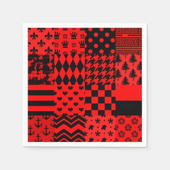 Red Black Mixed Patterns Patchwork Design  Napkin (Front)