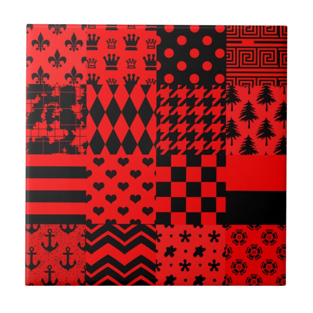 Red Black Mixed Patterns Patchwork Design  Tile (Front)