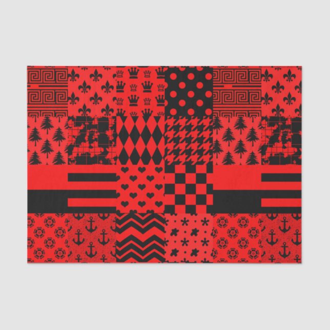 Red Black Mixed Patterns Patchwork Design  Tissue Paper (Front)