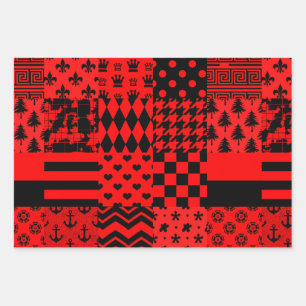 Red Black Mixed Patterns Patchwork Design  Wrapping Paper Sheet