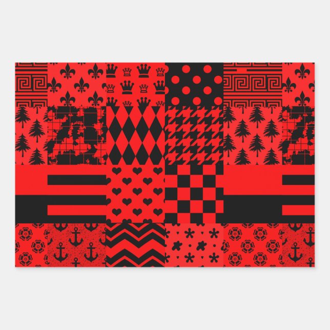 Red Black Mixed Patterns Patchwork Design  Wrapping Paper Sheet (Front)