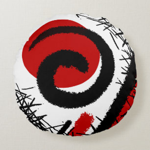 Red & Black Modern Abstract Round Cushion