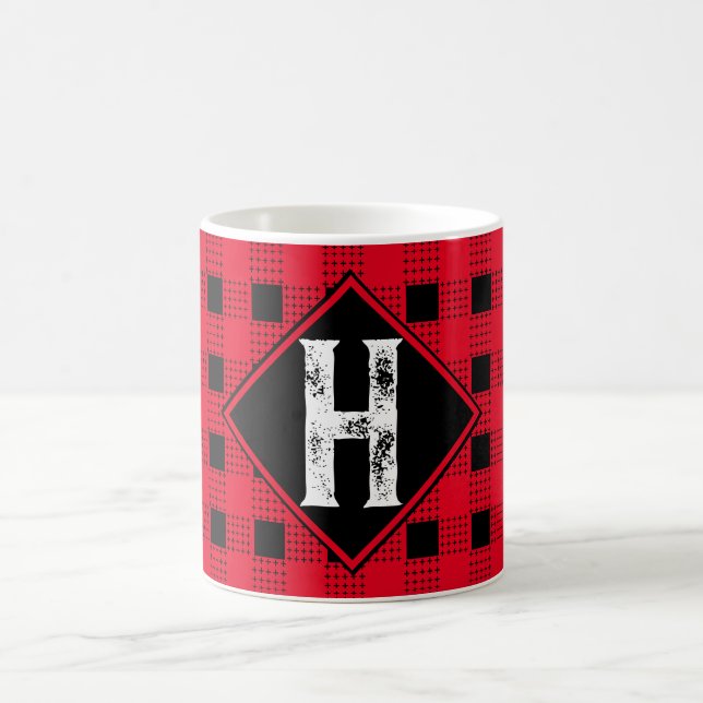 red & black modern buffalo plaid Monogram initial Coffee Mug (Center)