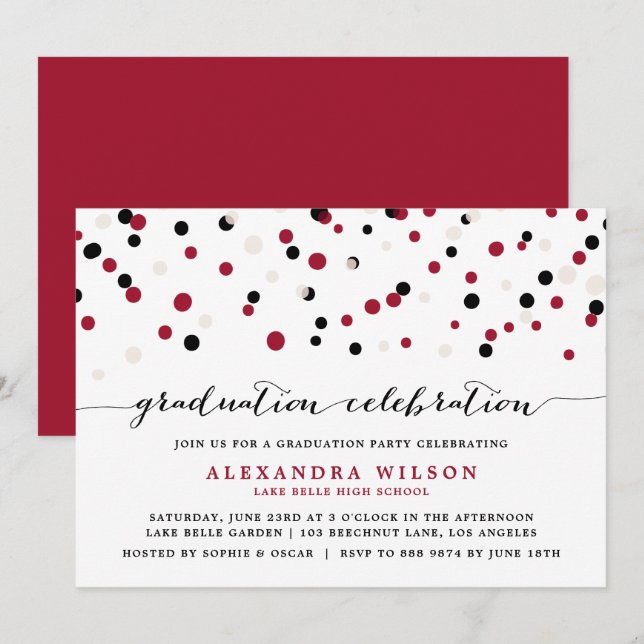 Red & Black Modern Confetti Dots Graduation Party Invitation (Front/Back)