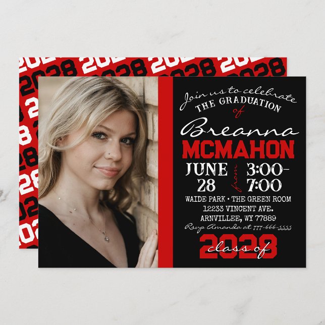 Red & Black Modern Graduation Photo Invitation ( Repeating Class Year 1 & 2 Photo Graduation Invitations & Announcements)