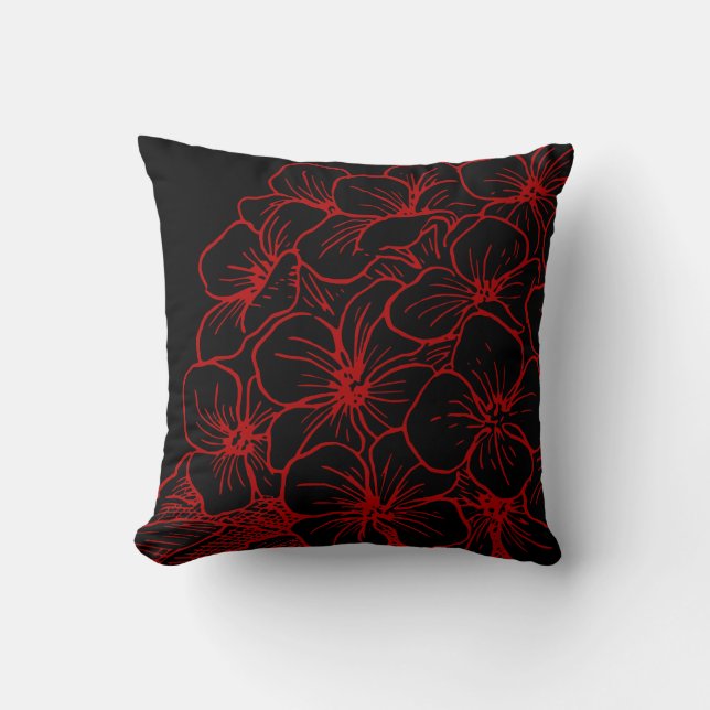 Red & Black Modern Hydrangea Floral Design Cushion (Front)