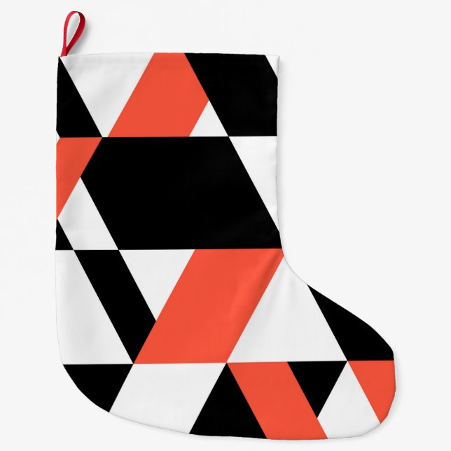 Red-black, modern, trendy, urban geometric design large christmas stocking (Front)