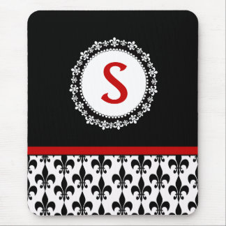 Red Black Monogram Fleur de Lis Mouse Mat