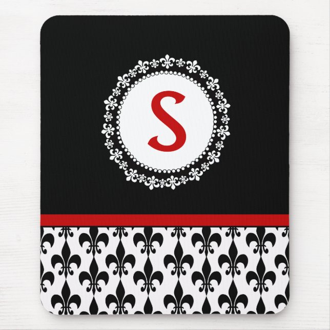 Red Black Monogram Fleur de Lis Mouse Mat (Front)