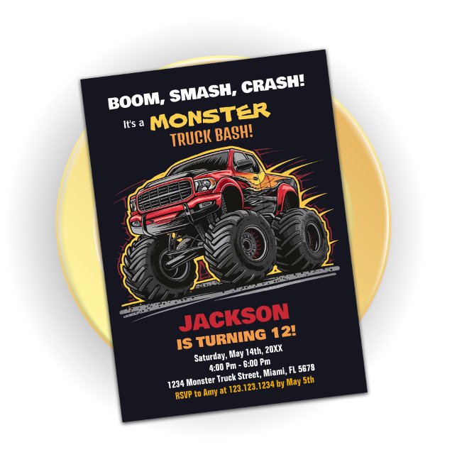 Red Black Monster Truck Birthday Invitations (Red Black Monster Truck Birthday Invitations)