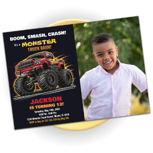 Red Black Monster Truck Birthday Invitations Photo