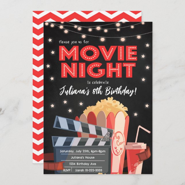 Red Black Movie Night Birthday Invitation (Front/Back)