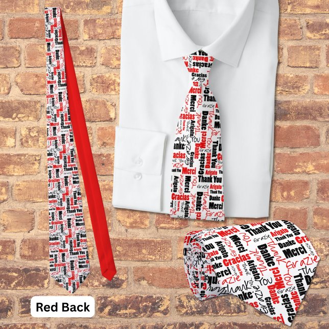 Red Black Multilingual Grateful Typography Collage Tie (Red and black multilingual thank you word cloud with red back. )