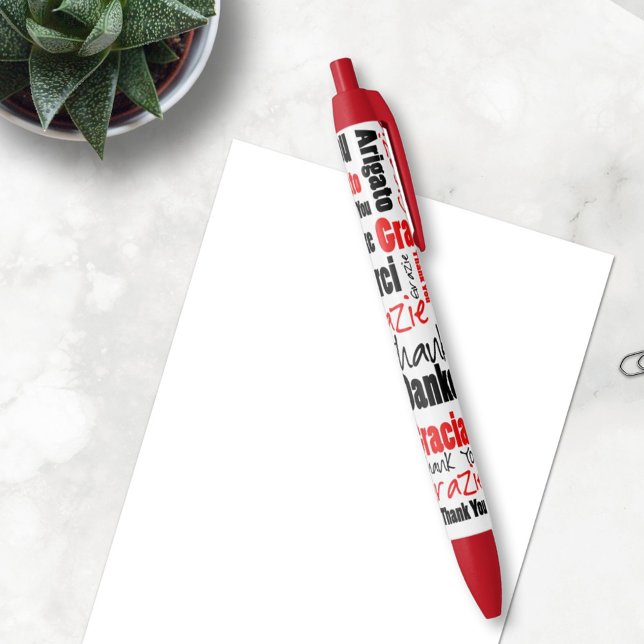 Red Black Multilingual Thank You Typography Black Ink Pen ( The gratitude pen is a nice gift idea for volunteers, teacher or other people you want to thank. )