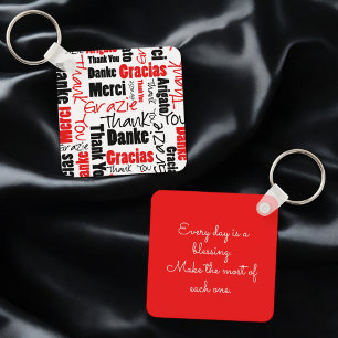 Red Black Multilingual "Thank You" Typography Key Ring