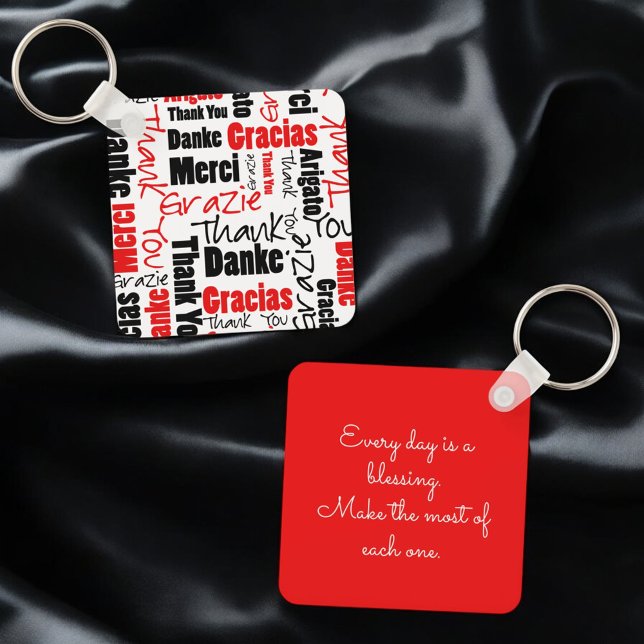 Red Black Multilingual "Thank You" Typography Key Ring (key ring front and back with template text on back)