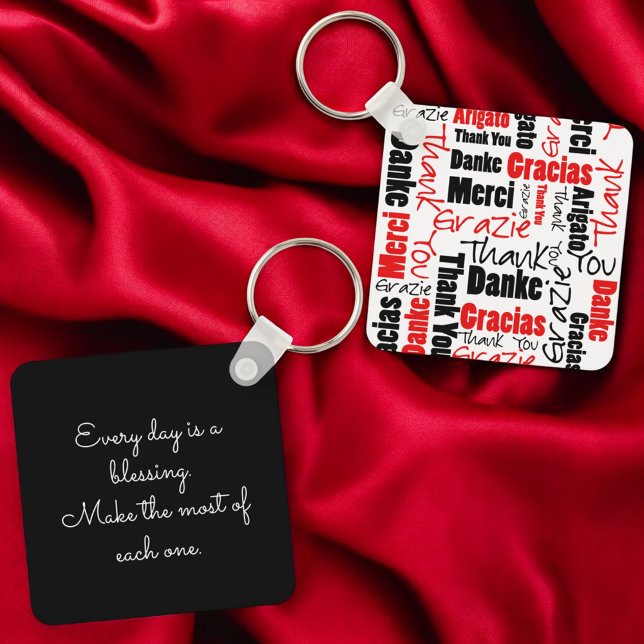 Red Black Multilingual "Thank You" Typography Key Ring (key ring front and back with template text on back)