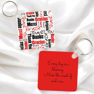 Red Black Multilingual "Thank You" Typography Key Ring