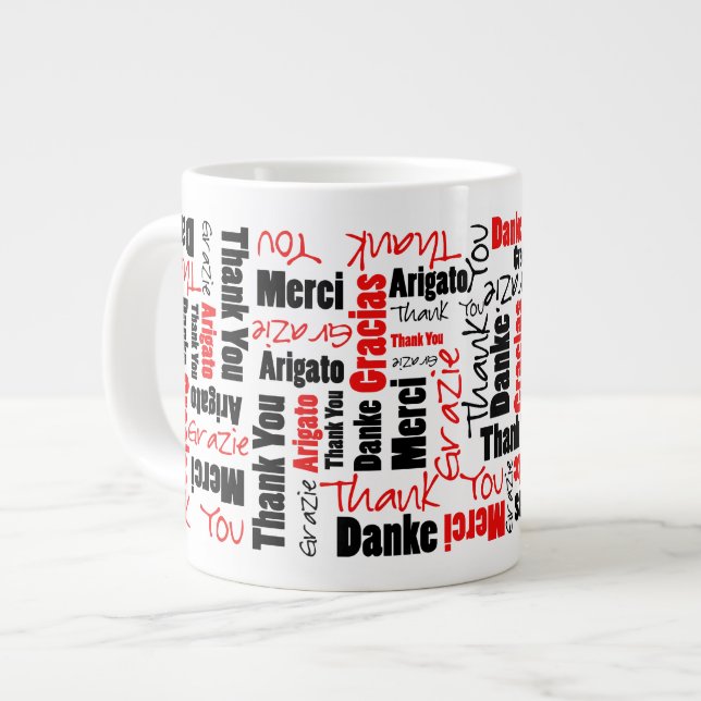 Red Black Multilingual Thank You Word Cloud Large Coffee Mug (Front Left)