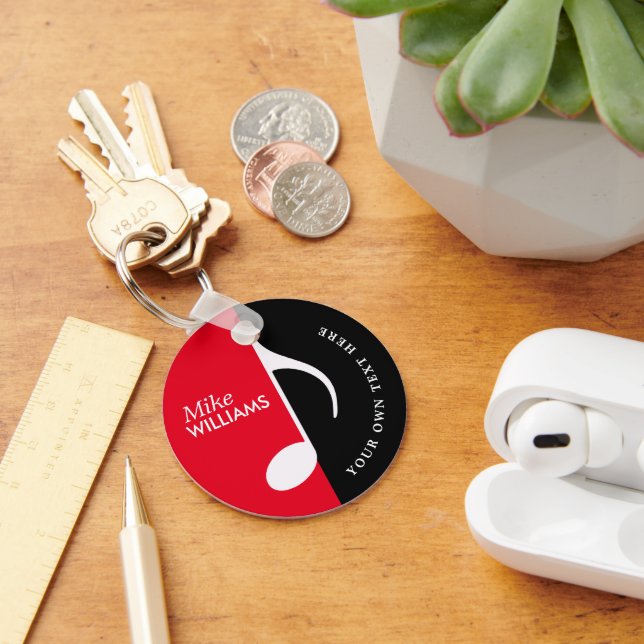 Red Black Music Symbol on Keychain with Name (Desk)